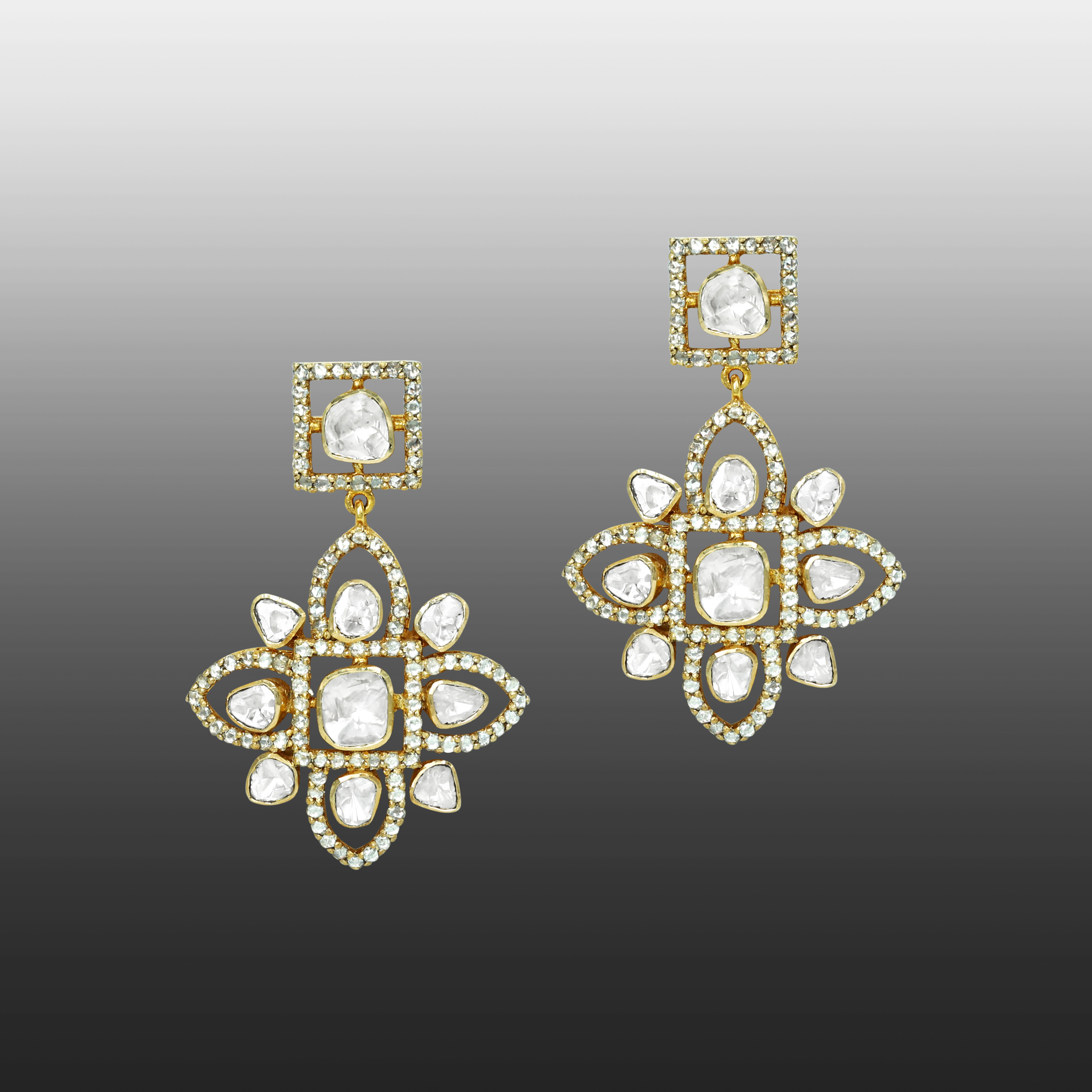 Floral Polki Earrings with Geometric Frames and Diamond Border